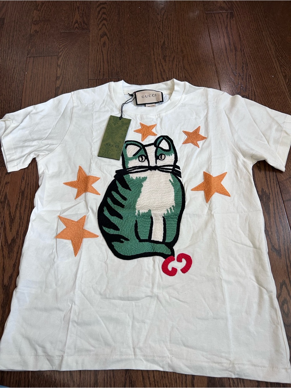 Gucci White Cat Graphic Tee with Green & Orange Accents